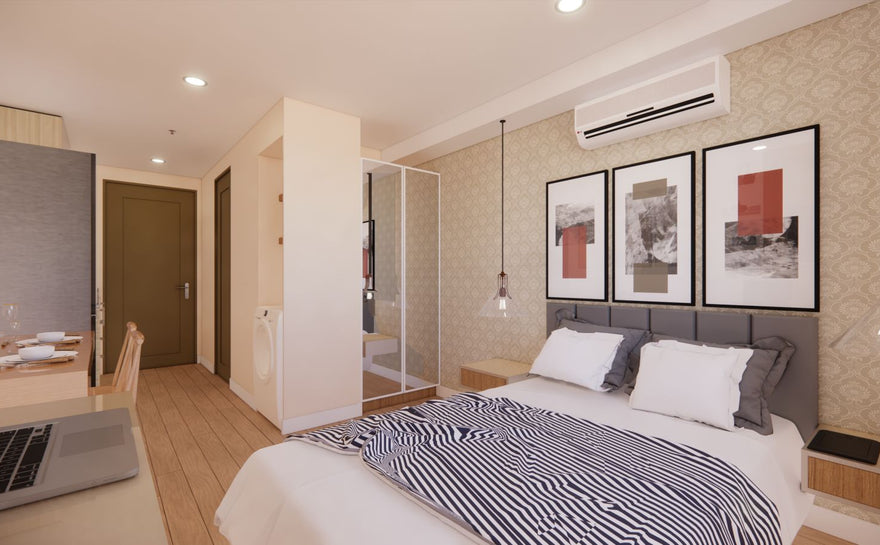 a bedroom with a bed and a glass shower